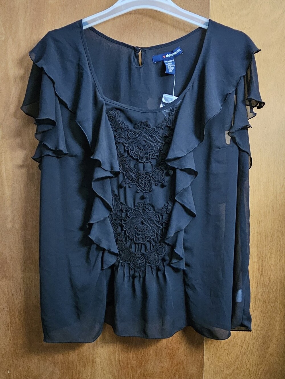 Denim 24/7 Womens Black Sheer Lace Crochet Chiffon Cap Sleeve Ruffle Blouse 22W - Picture 9 of 9